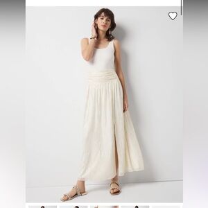 White House Black Market gold Maxi Skirt shirred waist crinkle lured ecru Slit